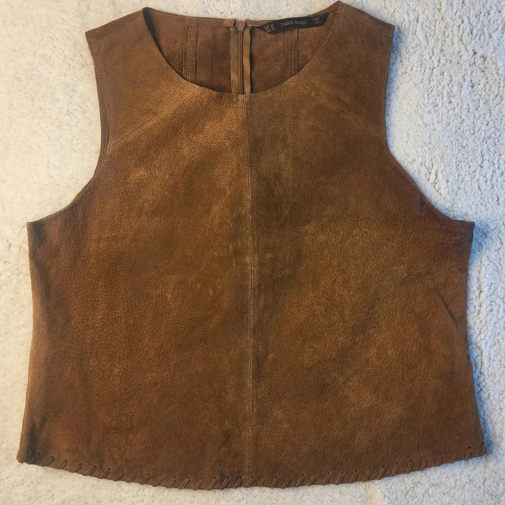 Zara Basic Brown Leather Suede Sleeveless Vest Womens Size M
